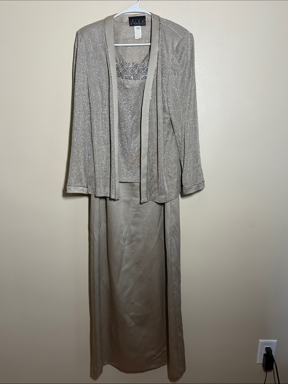 ALEX EVENINGS Maxi Tan Metallic Satin Beaded Formal DRESS WITH Trimmed Jacket